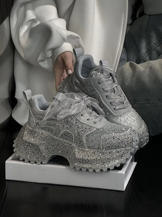 Leisure Sneakers Lace Up Breathable Platform Women Pumps High Heel Round Toe Solid Color Daily Diamonds Bowknot Comfortable sneakers_platform