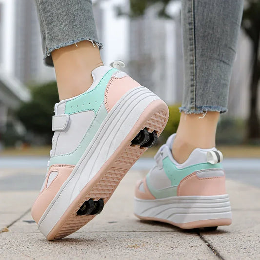 New Four Wheels Women & Girls PU Leather Children Roller Shoes Fashion Boys Sneakers Breathable Kids Skates Size 30-40 kids_shoes