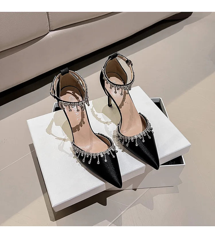 Bride Wedding Shoes Black White Satin Rhinestone Tassels High Heel Sandals Ankle Strap Women's 7/9CM Heels Sandalias De Mujer heels_bridal