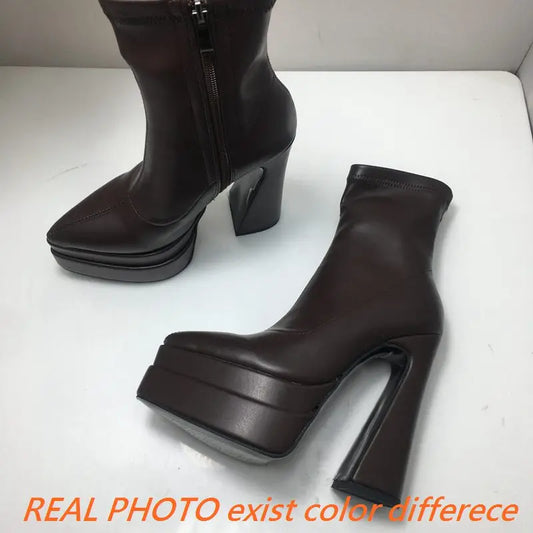 REAVE CAT Ladies Boots 15cm Shaft Stretchy Pointed Toe High Heel 6 inch Platform 5cm Big Size 46 Party boots_platform
