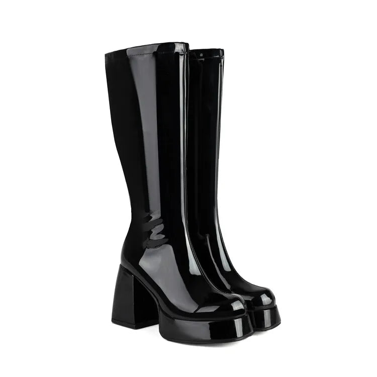 NASBAVI Glossy Patent Leather Upper Square Toe Super Thick Heel Plush Lining Women's Knee Boots Platform Side Zipper Boots 35-48 boots_platform