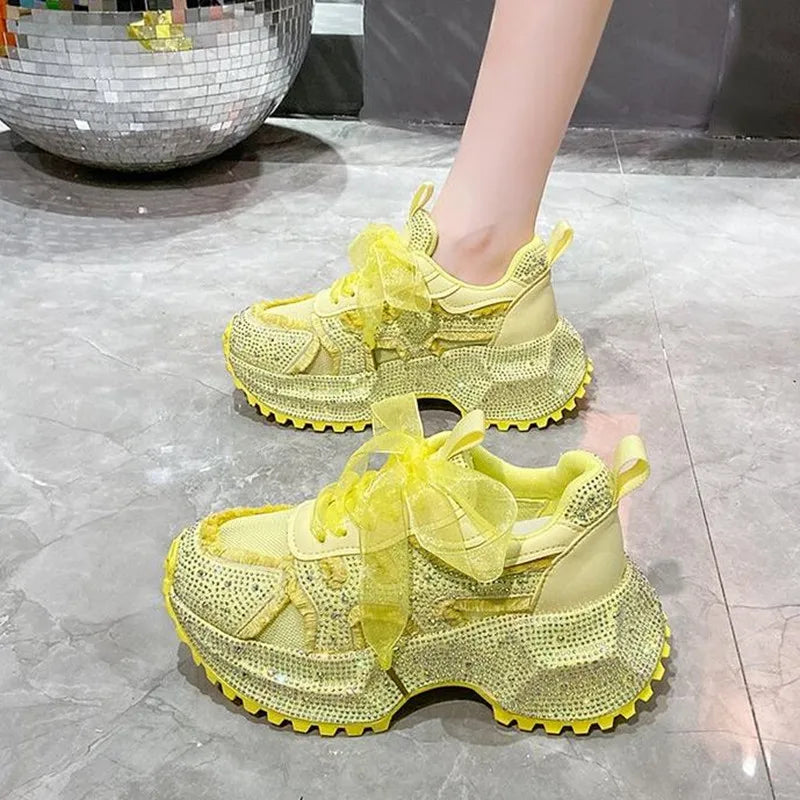 Designer Womens Rhinestone Mesh Shoes Autumn Fashionable Versatile Inner Height Increasing Women Thick-soled Casual Sports Shoes sneakers_platform