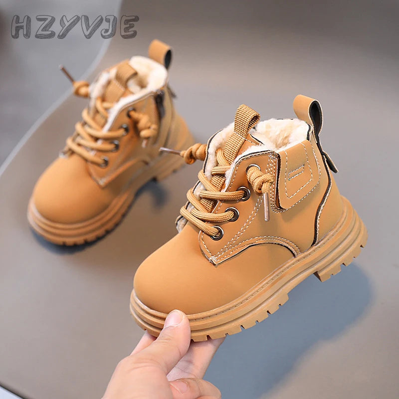 New Children's Fashion Boots Winter Thickened Boys Girls' Anti Slip Warm Leather Boots Side Zipper Solid Color Kids Casual Shoes kids_shoes