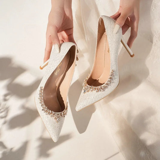 2025 New French Stiletto Heels Pointy Head Shallow Mouth Shoes Rhinodiamond-Edged Korean Version White Crystal Wedding Pumps heels_stiletto
