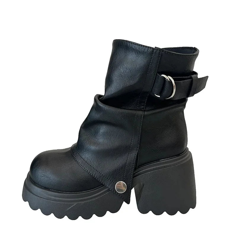 2025 New Folded round Head Thick Heel British Style Boot Spring Summer Chunky Fashion Boot Platform Short Tube Pile boots_platform