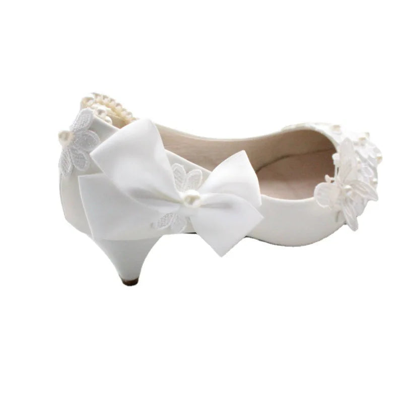 S2108F   New Hot Selling High Quality White Bow Women's Large Size Medium Heel Bridal Wedding Shoes heels_bridal