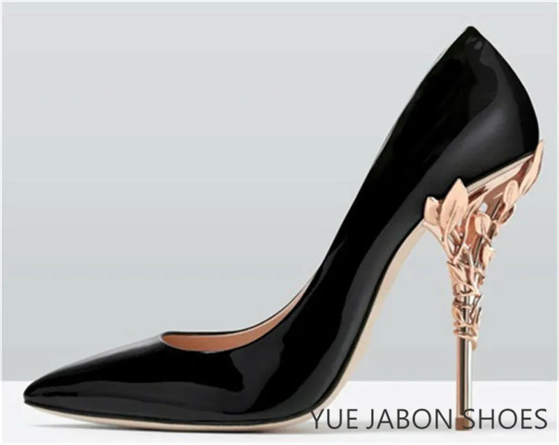 Luxury Leaves Metal Heel Pumps Women Shoes Pointed Toe Blue White Pink Black Silk Stiletto High Heels Wedding Bride Shoes 10cm heels_stiletto