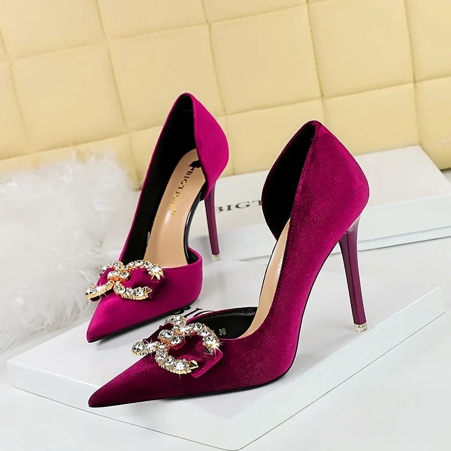 Faux Suede Wine Rhinestone Sandals New Women Green Shoes Pointed Toe Stiletto 7CM/10.5CM Heels heels_stiletto