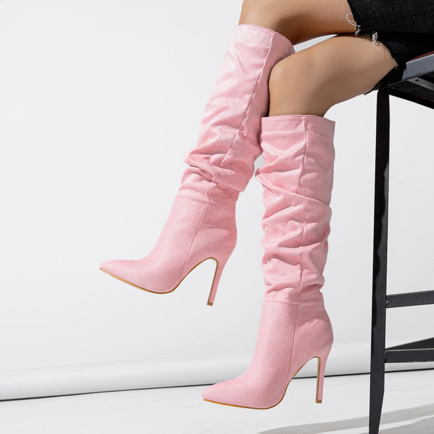 Women's Fashionable Over-the-Knee Western Boots Pointed Toe Natural Wrinkle Suiede Slip-On Design for Winter Autumn Increasing boots_highheel