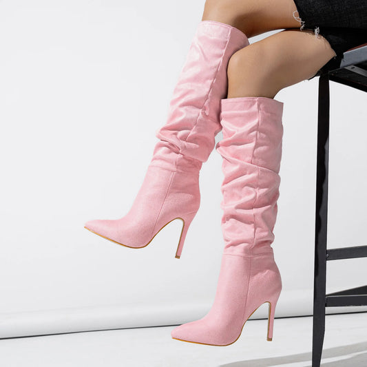 Women's Fashionable Over-the-Knee Western Boots Pointed Toe Natural Wrinkle Suiede Slip-On Design for Winter Autumn Increasing boots_highheel