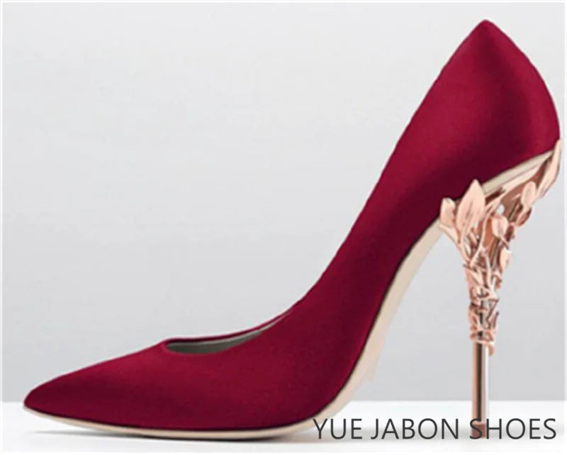 Luxury Leaves Metal Heel Pumps Women Shoes Pointed Toe Blue White Pink Black Silk Stiletto High Heels Wedding Bride Shoes 10cm heels_stiletto