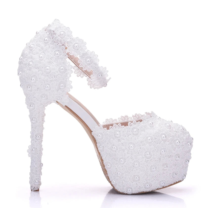 BS048 White Lace High Heels Platform Pumps Party Wedding Shoes White Heels Ankle Straps Women Sandals Bridesmaid Shoes heels_bridal