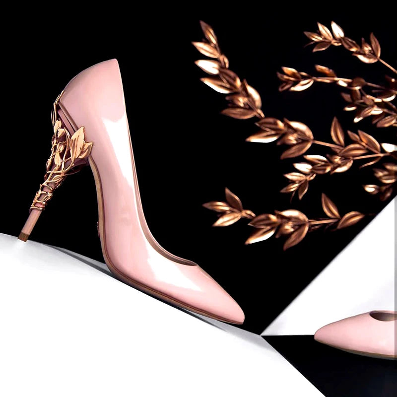 Luxury Leaves Metal Heel Pumps Women Shoes Pointed Toe Blue White Pink Black Silk Stiletto High Heels Wedding Bride Shoes 10cm heels_stiletto