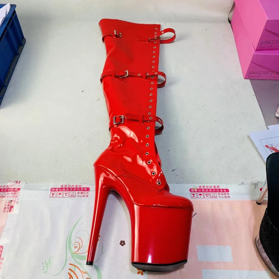 12-23cm high heels high boots, buckle boots round head dancer fashion sexy catwalk shoes to thigh high boots_platform