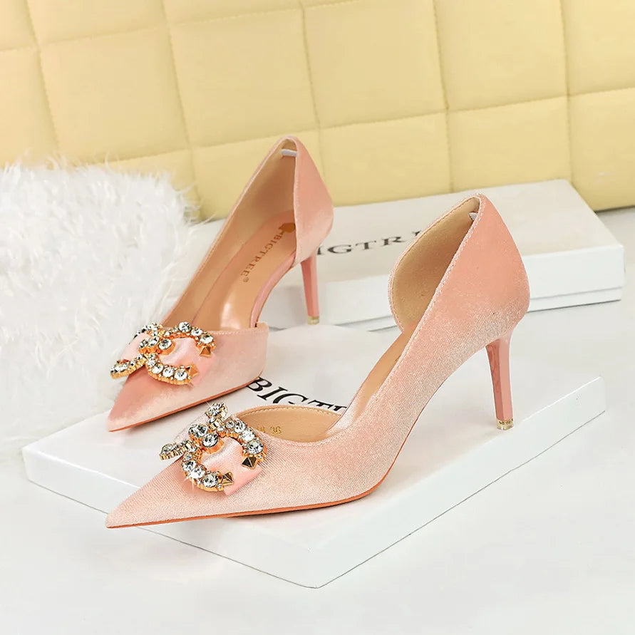 Faux Suede Wine Rhinestone Sandals New Women Green Shoes Pointed Toe Stiletto 7CM/10.5CM Heels heels_stiletto