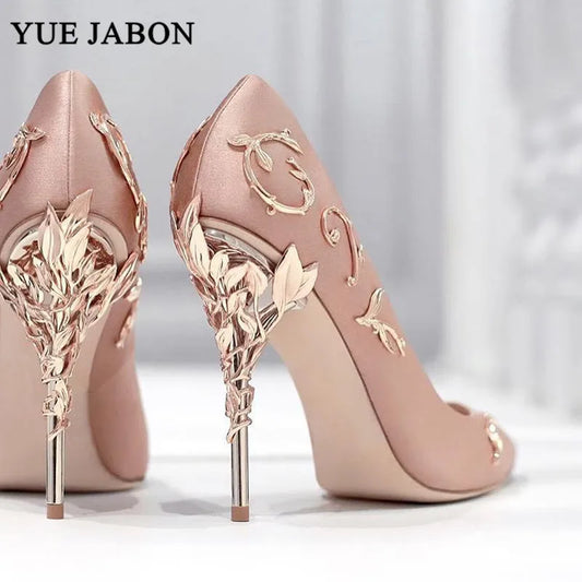 Luxury Leaves Metal Heel Pumps Women Shoes Pointed Toe Blue White Pink Black Silk Stiletto High Heels Wedding Bride Shoes 10cm heels_stiletto