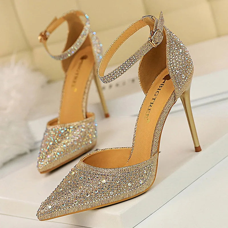 BIGTREE Shoes Shiny Rhinestones High Heels Ladies Shoes Women Pumps Stiletto Sweet Women Heels Wedding Shoes Women Sandals 10 Cm heels_stiletto