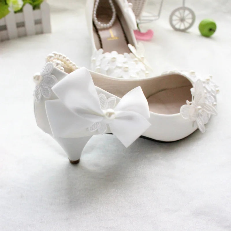 S2108F   New Hot Selling High Quality White Bow Women's Large Size Medium Heel Bridal Wedding Shoes heels_bridal