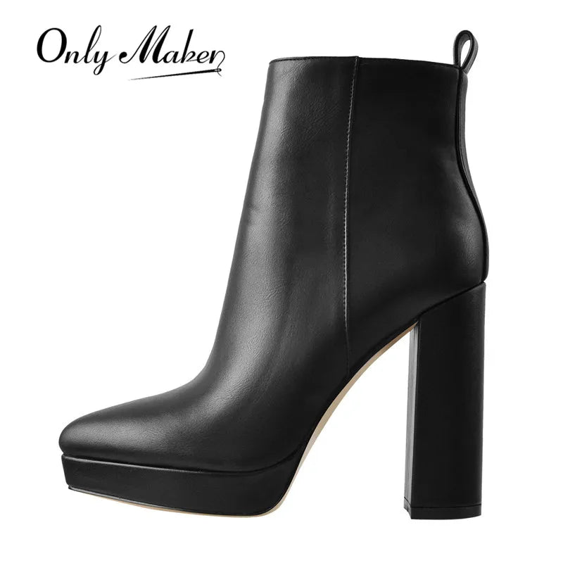 Onlymaker Women Pointed Toe Ankle Boots Black Matte Flock Chunky Heel Platform Booties Party Shoes Large Size Short Boots boots_platform