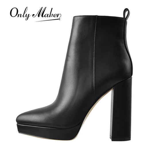 Onlymaker Women Pointed Toe Ankle Boots Black Matte Flock Chunky Heel Platform Booties Party Shoes Large Size Short Boots boots_platform