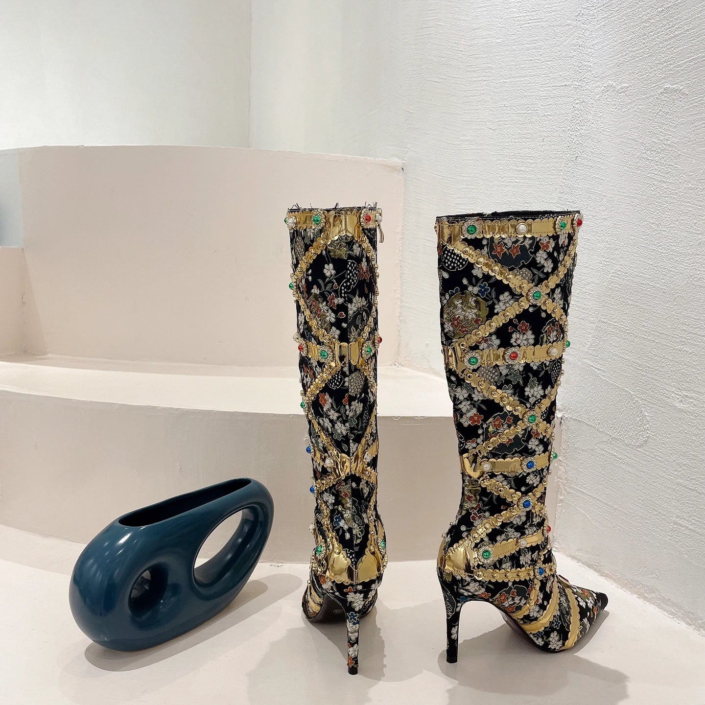 Crystal Long Boots Buckle Mental Heels Side Zipper Colorful Over the Knee Boots Thin High Heel New Autumn Winter Women Shoes 42 boots_highheel