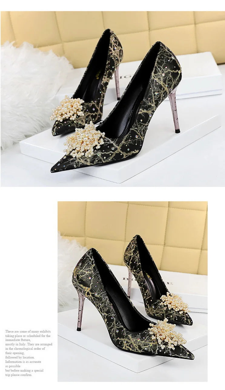 BIGTREE Shoes Pearl Flowers Woman Pumps Rhinestone High Heels 2025 New Luxurious Women Heels Stiletto Large Size Ladies Pumps heels_stiletto