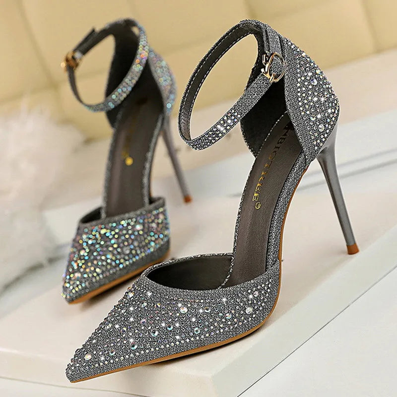 BIGTREE Shoes Shiny Rhinestones High Heels Ladies Shoes Women Pumps Stiletto Sweet Women Heels Wedding Shoes Women Sandals 10 Cm heels_stiletto