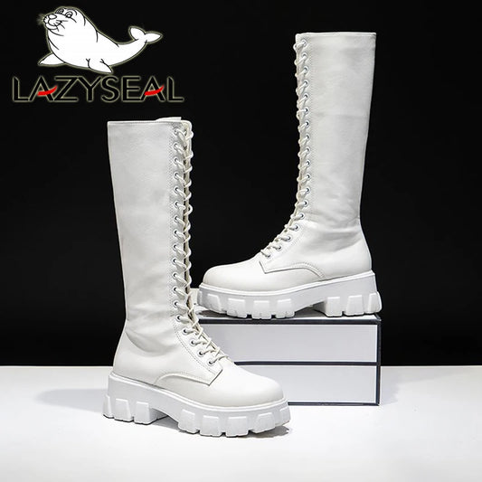 LazySeal Winter Long Boot Shoes Women White Lace Up Zip Height Increasing Pu Leather Shoes Plush Botas Mujer Big Size 43 boots_platform