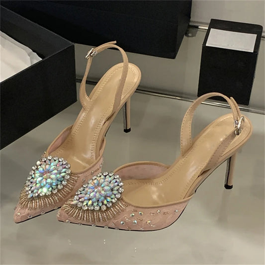 2025 Women's Fashion Rhinestone Mesh Ankle Strap Shoes Pointed Toe High Heels for Summer and Autumn Parties Light Crystal heels_bridal