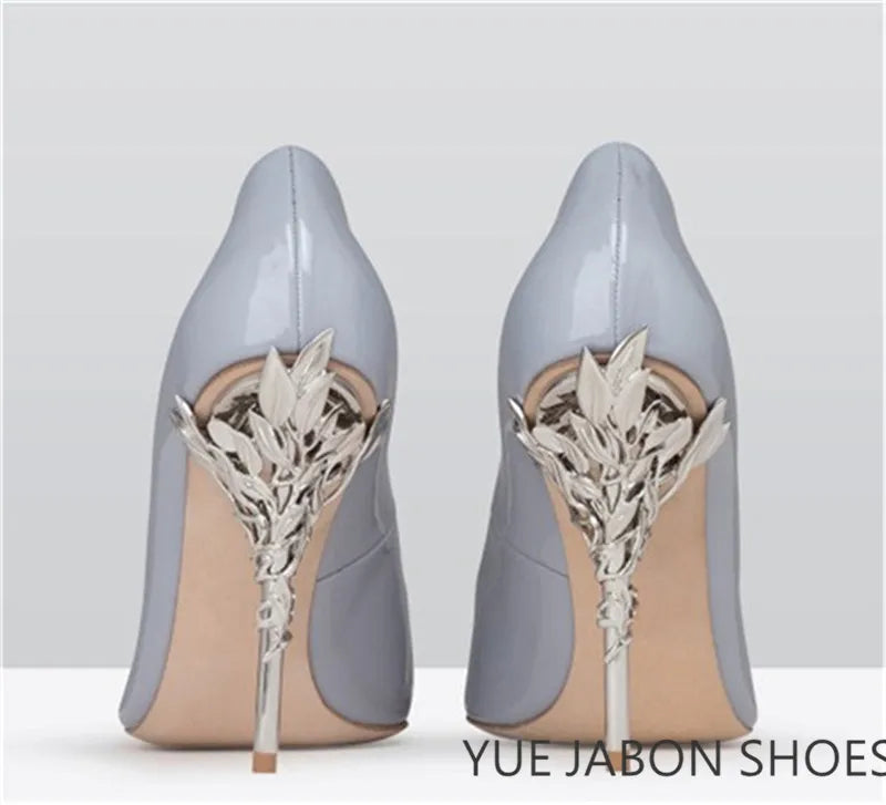 Luxury Leaves Metal Heel Pumps Women Shoes Pointed Toe Blue White Pink Black Silk Stiletto High Heels Wedding Bride Shoes 10cm heels_stiletto
