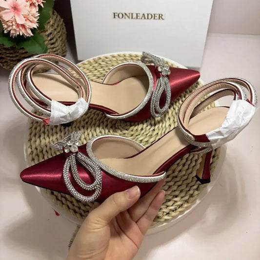 8CM/11CM Custom Burgundy Color Sandalias Mujer Footwear Sandals Rhine Stone Lace up Heels heels_bridal