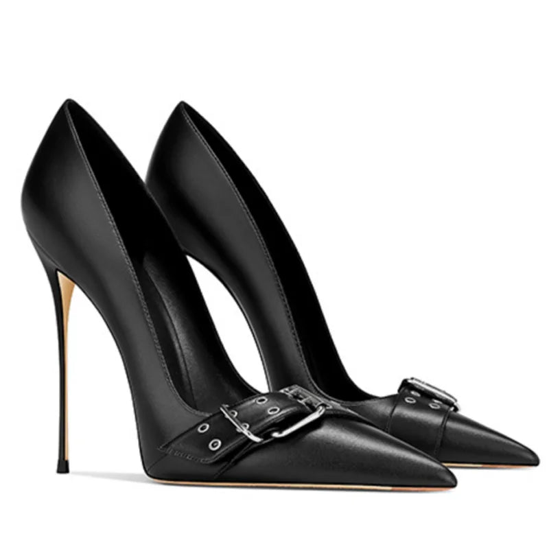 Front Belt Buckles Slim High Heels Big Size 47 Women Dress Pointy Toe Pumps Stiletto Basic Wide Feet Evening Shoes heels_stiletto