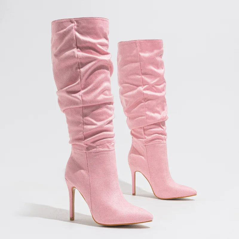 Women's Fashionable Over-the-Knee Western Boots Pointed Toe Natural Wrinkle Suiede Slip-On Design for Winter Autumn Increasing boots_highheel