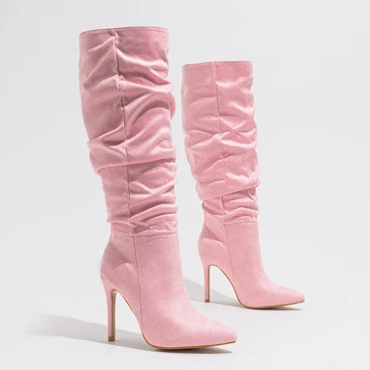 Women's Fashionable Over-the-Knee Western Boots Pointed Toe Natural Wrinkle Suiede Slip-On Design for Winter Autumn Increasing boots_highheel