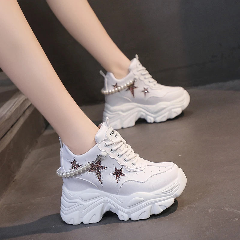 High Platform Shoes Woman 2025 Autumn Chunky Sneakers Increased 10cm Ladies Leather Shoes Trainers Zapatillas Deportivas Mujer sneakers_platform