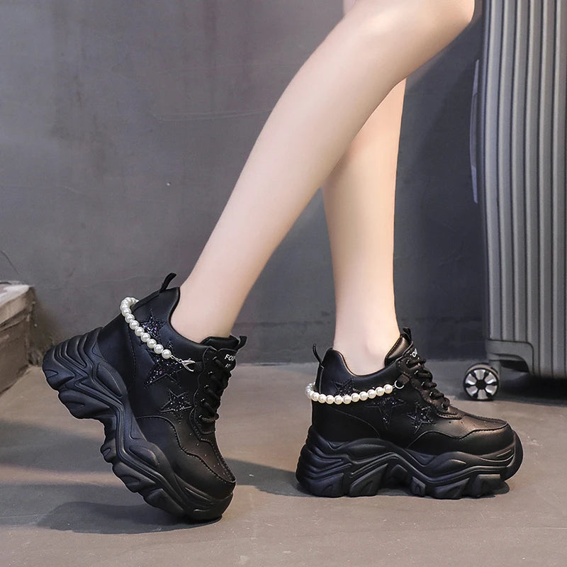 High Platform Shoes Woman 2025 Autumn Chunky Sneakers Increased 10cm Ladies Leather Shoes Trainers Zapatillas Deportivas Mujer sneakers_platform