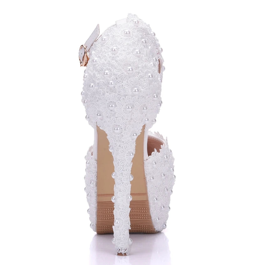 BS048 White Lace High Heels Platform Pumps Party Wedding Shoes White Heels Ankle Straps Women Sandals Bridesmaid Shoes heels_bridal
