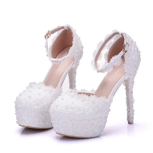 BS048 White Lace High Heels Platform Pumps Party Wedding Shoes White Heels Ankle Straps Women Sandals Bridesmaid Shoes heels_bridal