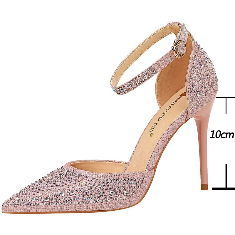 BIGTREE Shoes Shiny Rhinestones High Heels Ladies Shoes Women Pumps Stiletto Sweet Women Heels Wedding Shoes Women Sandals 10 Cm heels_stiletto