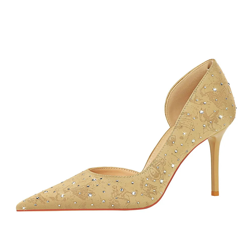 2024 Black Rhinestone European Style Women Pumps Pointed Toe Party Wedding Shoes Sexy Stiletto High Heels 8cm PU Satin Rubber heels_bridal