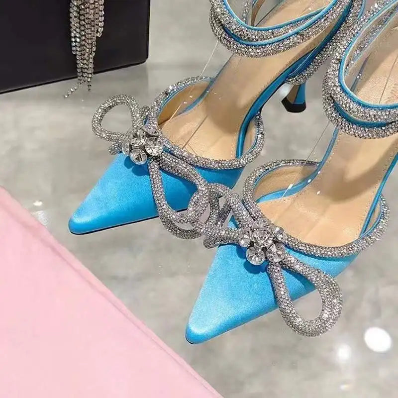 2022 New Rhinestone Butterfly-knot Sandals Fine Heel Sandals Women Crystal Fairy Wind Pink Bow Tie With Diamond High Heels heels_bridal