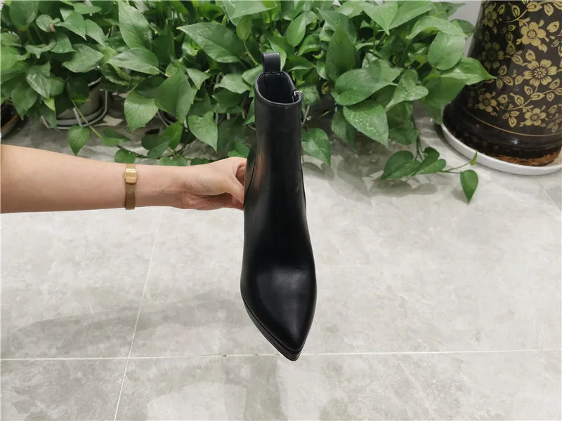 Onlymaker Women Pointed Toe Ankle Boots Black Matte Flock Chunky Heel Platform Booties Party Shoes Large Size Short Boots boots_platform