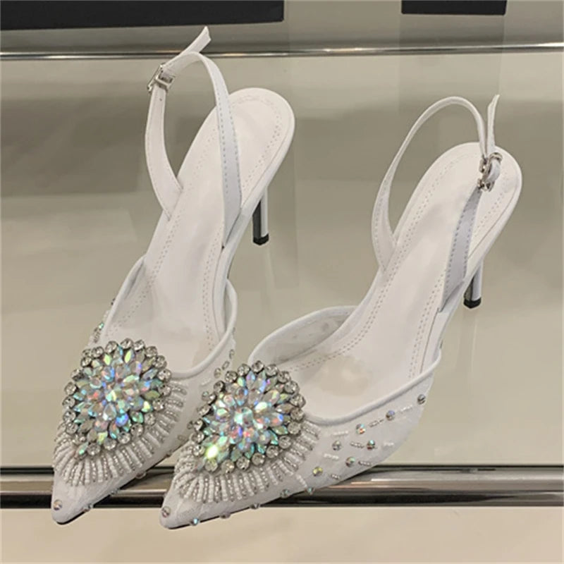 2025 Women's Fashion Rhinestone Mesh Ankle Strap Shoes Pointed Toe High Heels for Summer and Autumn Parties Light Crystal heels_bridal