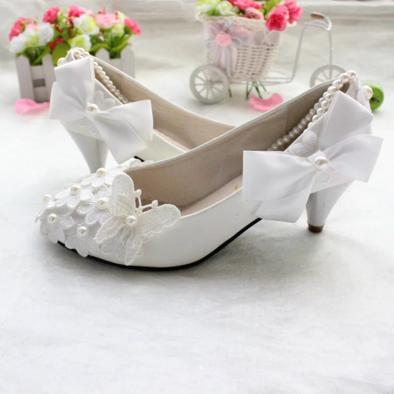 S2108F   New Hot Selling High Quality White Bow Women's Large Size Medium Heel Bridal Wedding Shoes heels_bridal