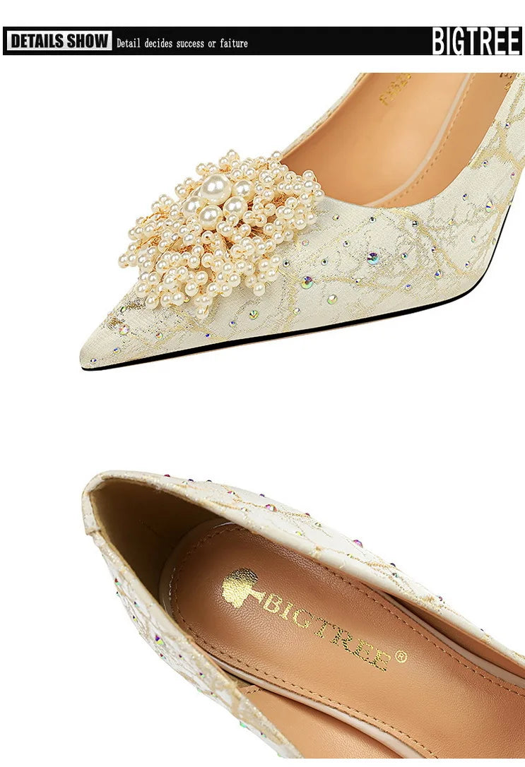 BIGTREE Shoes Pearl Flowers Woman Pumps Rhinestone High Heels 2025 New Luxurious Women Heels Stiletto Large Size Ladies Pumps heels_stiletto
