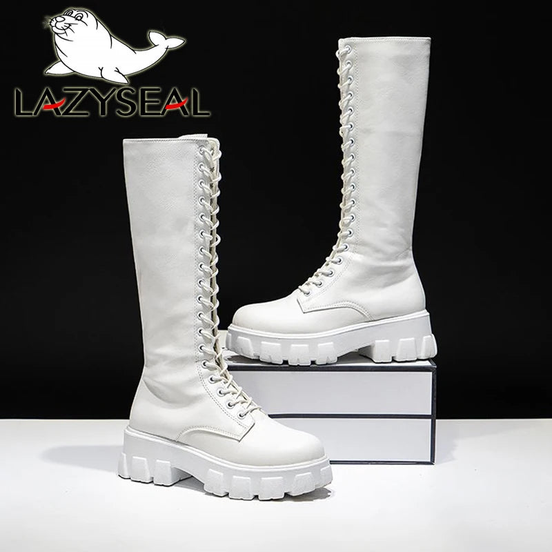 LazySeal Winter Long Boot Shoes Women White Lace Up Zip Height Increasing Pu Leather Shoes Plush Botas Mujer Big Size 43 boots_platform
