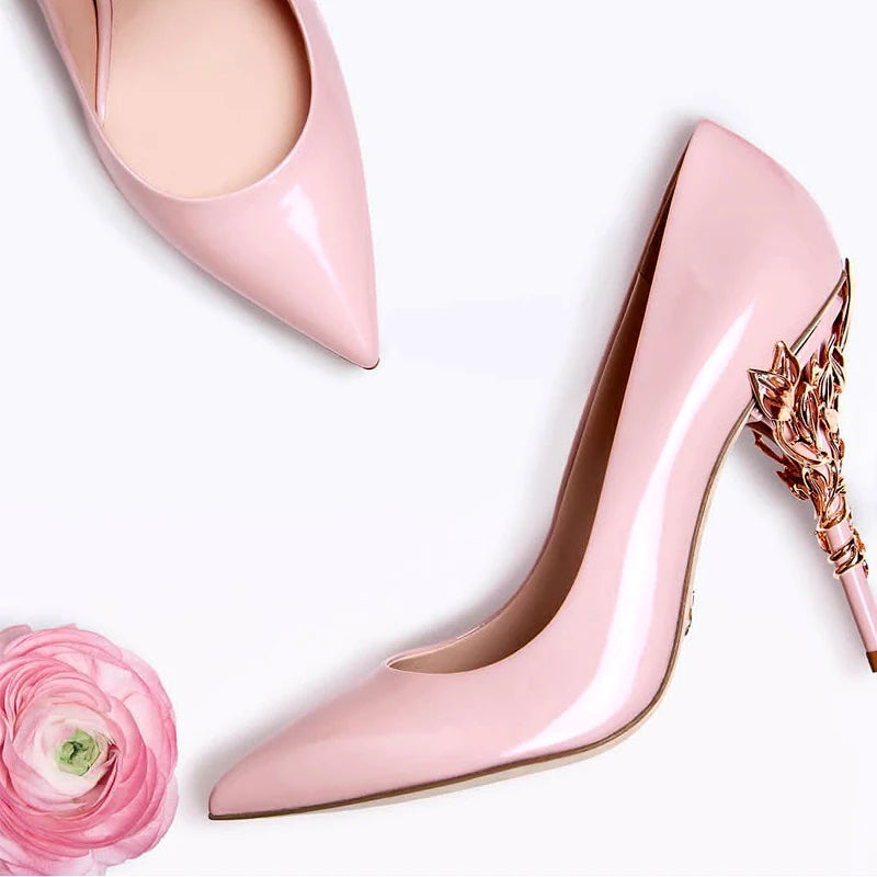 Luxury Leaves Metal Heel Pumps Women Shoes Pointed Toe Blue White Pink Black Silk Stiletto High Heels Wedding Bride Shoes 10cm heels_stiletto