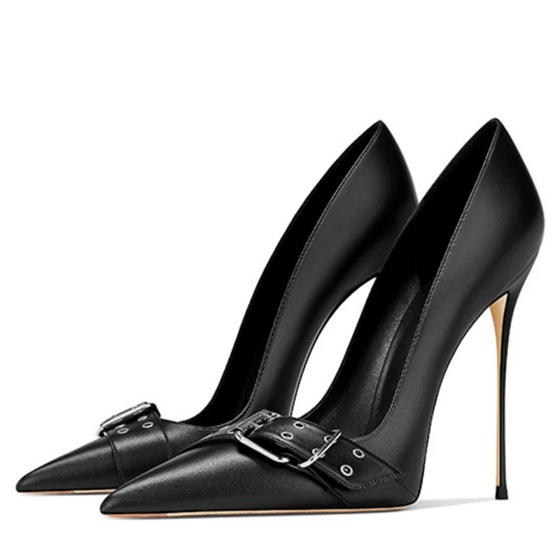 Front Belt Buckles Slim High Heels Big Size 47 Women Dress Pointy Toe Pumps Stiletto Basic Wide Feet Evening Shoes heels_stiletto