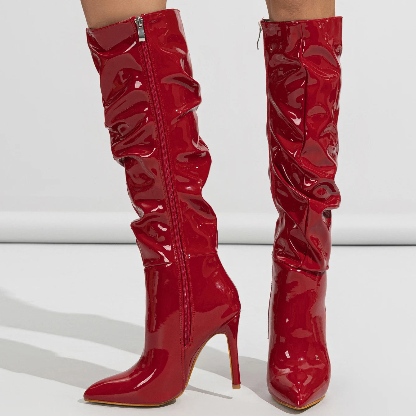 2026 Over the Knee Boots Women Fashion Pointed Black Side Zipper Stiletto Heels Women Shiny Pleated High Heels boots_highheel