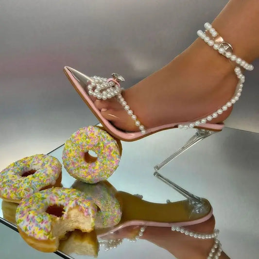 Sandales Talon Femme Glass Clear Transparent Bow Summer New Arrival Pearl Heels for Women and Ladies heels_bridal